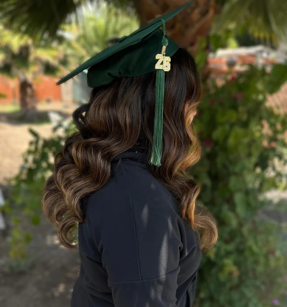 Balayage Waves Under Green Graduation Cap