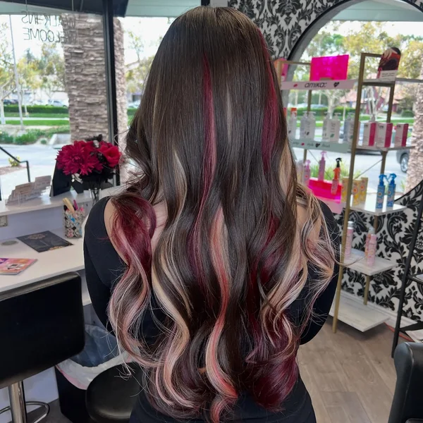 Dark Calico with Burgundy and Blonde on Long Waves