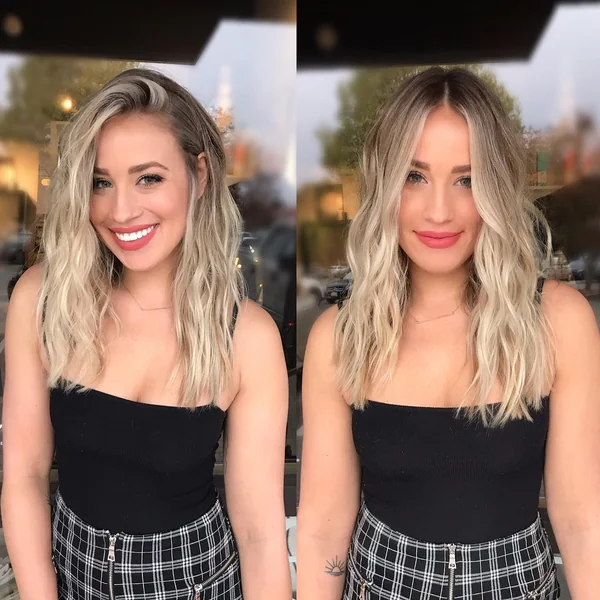 Blonde Middle Part Wavy Bob Before After