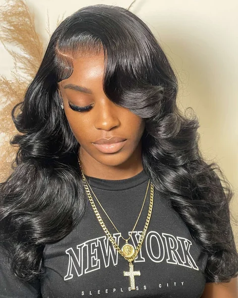Long Black Body Wave with Side Part