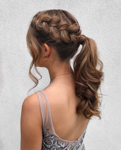 Braided Crown into Curly Ponytail