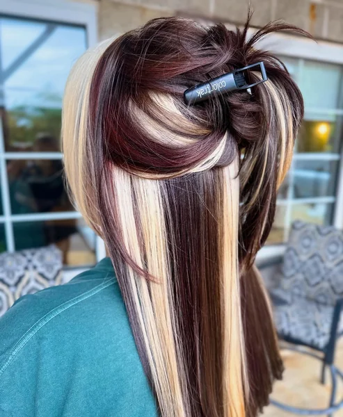 Dark Calico Half-Up with Bold Blonde and Burgundy