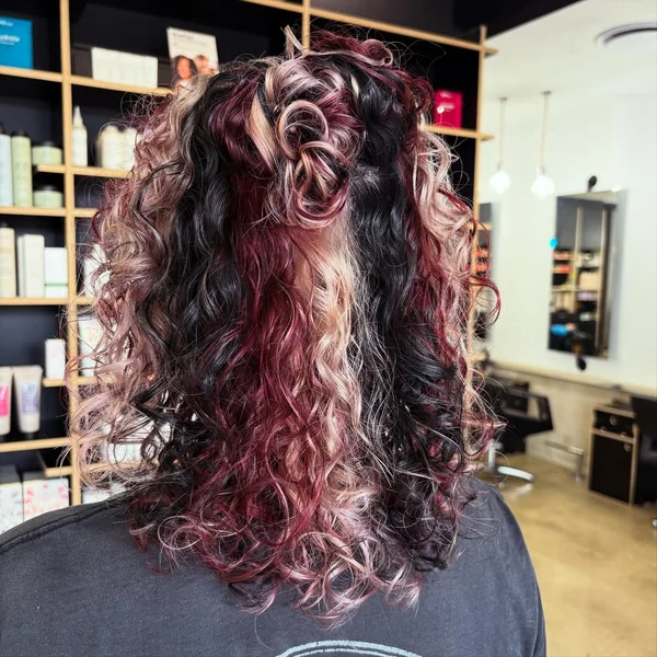 Medium Curly Calico Hair with Black, Magenta, and Blonde