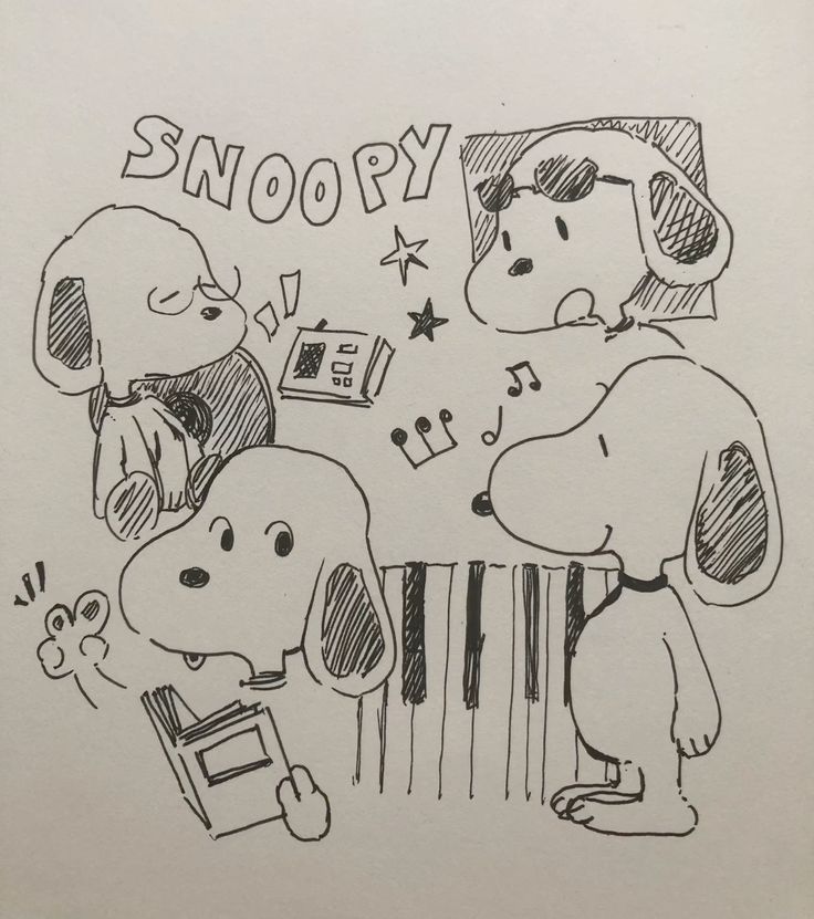 This may contain: a drawing of snoopy and his friend playing the piano with another person watching them