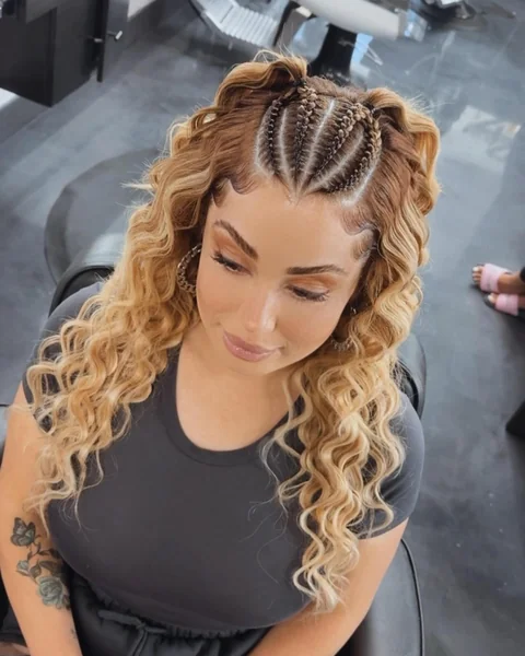 Side Cornrows with Voluminous Blonde Curly Weave