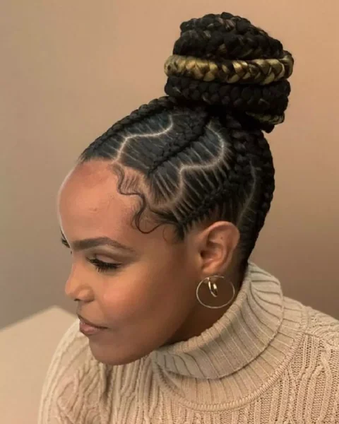Cornrow High Bun with Gold Accent