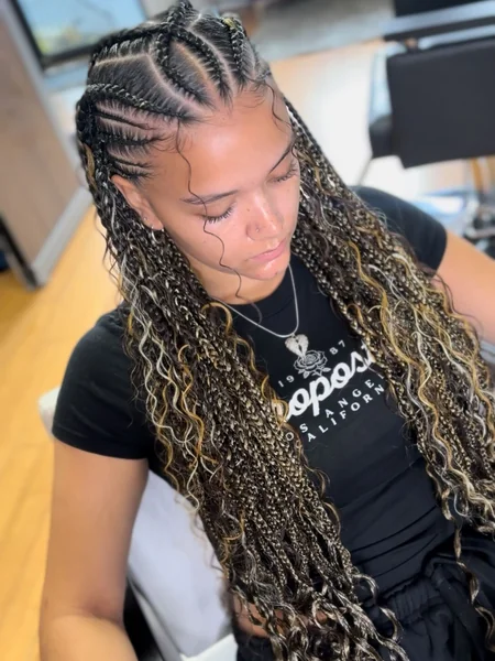 Fulani Braids with Boho Highlights and Side Cornrow Design