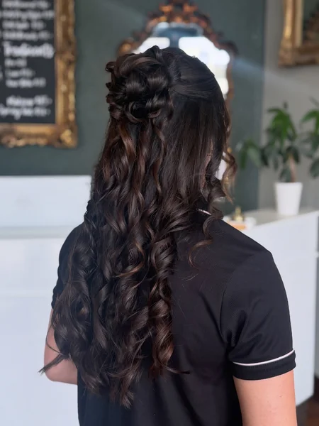 Floral Twisted Bun Half Up on Dark Hair