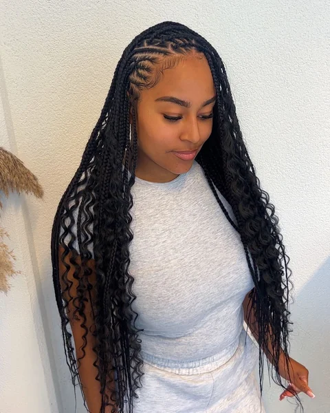 Long Boho Knotless Braids with Curly Tips
