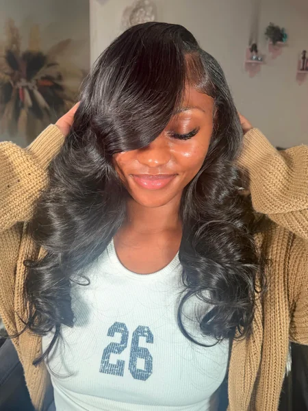 Long Body Wave Quick Weave with Side-Swept Bang