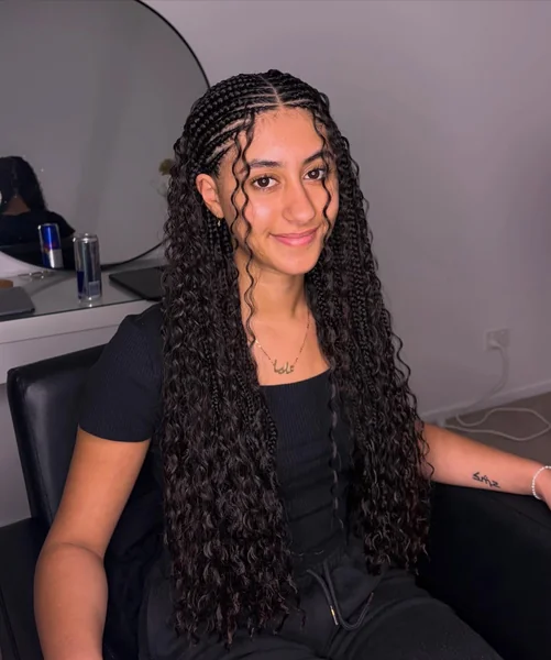 Fulani Braids with Boho Curls and Clean Side Part