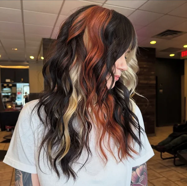Calico Hair Black, Red & Blonde Color Block Wavy