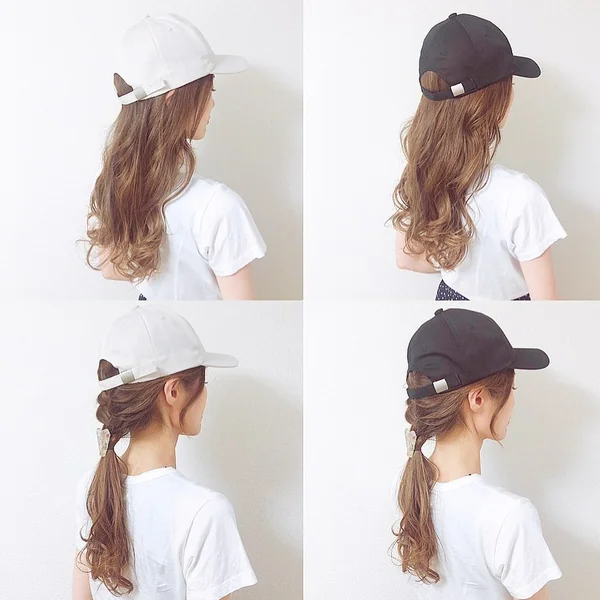 Baseball Cap Hairstyle Collage — Waves and Ponytail