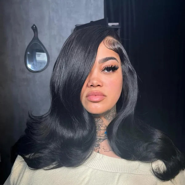 Long Black Layered Sew-In with Swoop Bang