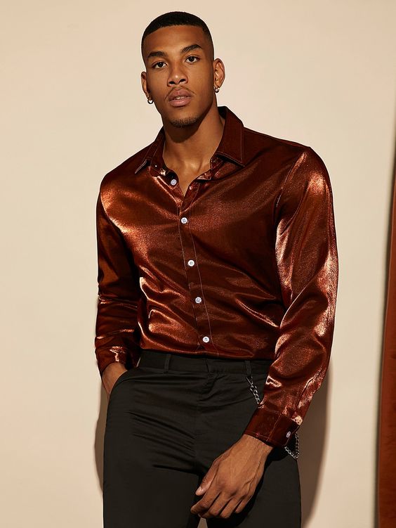 Brown satin shirt men Brown satin shirt men