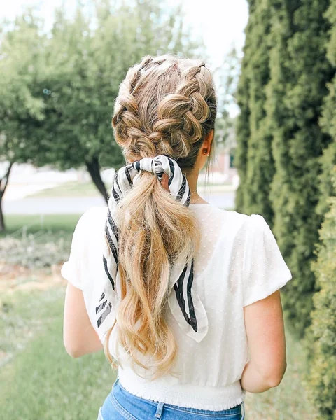 Double Dutch Braids into Scarf Ponytail