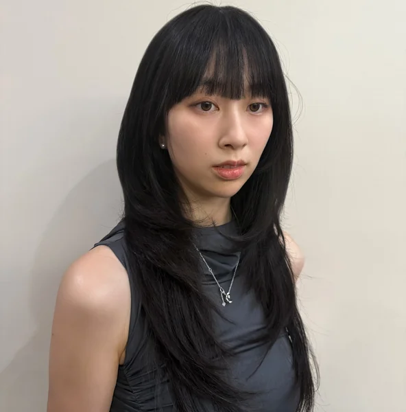 Long Straight Black Hair with Full Blunt Bangs