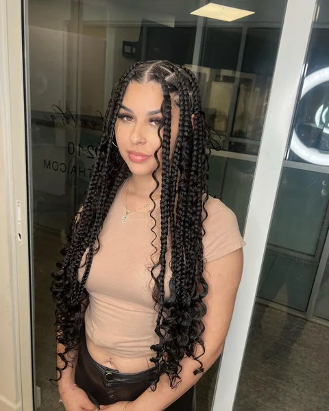 Large Black Knotless Box Braids with Curly Ends