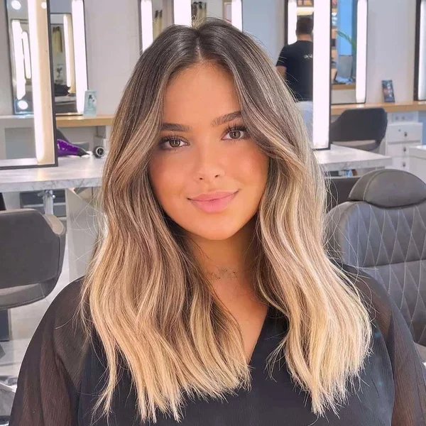Middle Part Brunette Balayage Wavy Hair