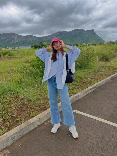 Red Baseball Cap with Loose Straight Hair