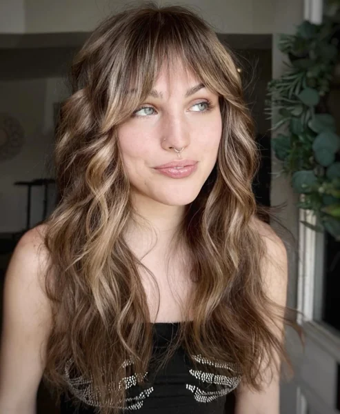 Wavy Balayage with Side Bangs