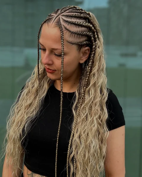 Blonde Fulani Braids with Boho Curls and Criss-Cross Cornrow Design