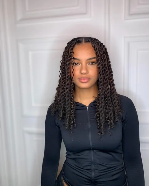 Shoulder Length Black Passion Twists with Curls