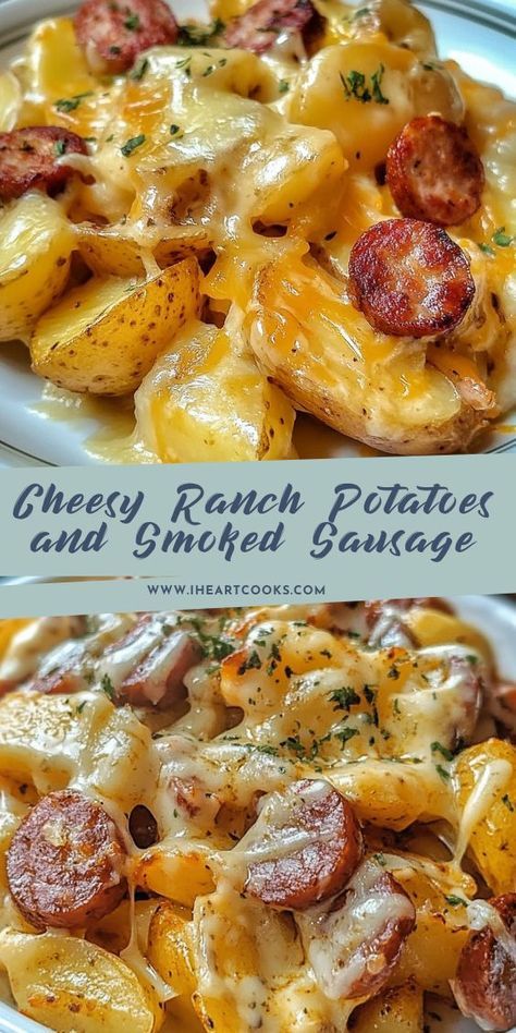 This may contain: cheesy ranch potatoes and gnooked sausage are the perfect side dish for any meal