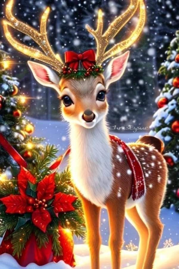 This may contain: a deer standing next to a christmas tree