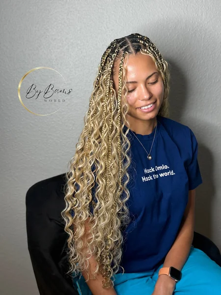 Blonde Boho Knotless Braids with Curls
