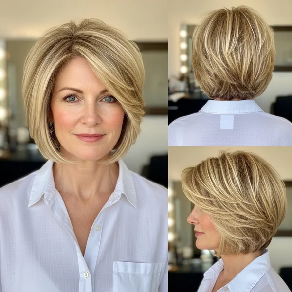 Stacked Highlighted Bob with Piecey Layers