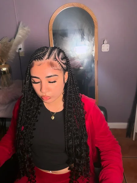 Fulani Braids with Boho Curls and Small Cornrows