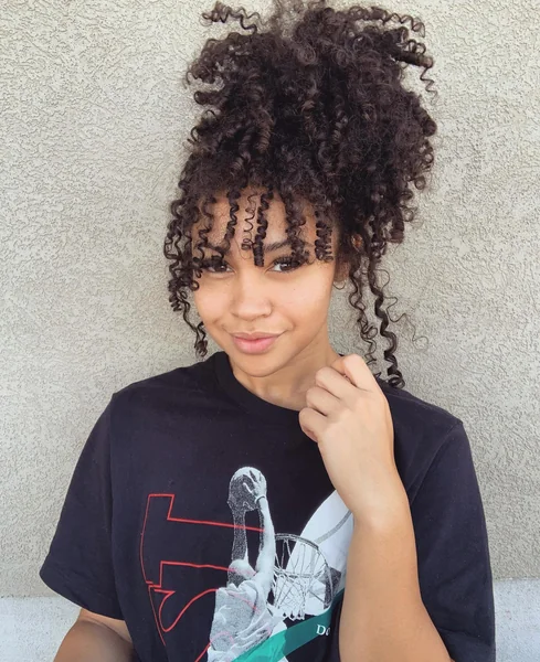 Natural Curly High Puff with Curly Bangs