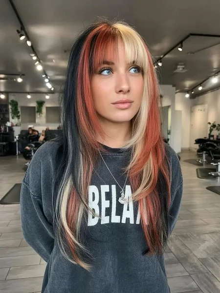 Calico Hair Straight with Bold Black, Red & Blonde Panels