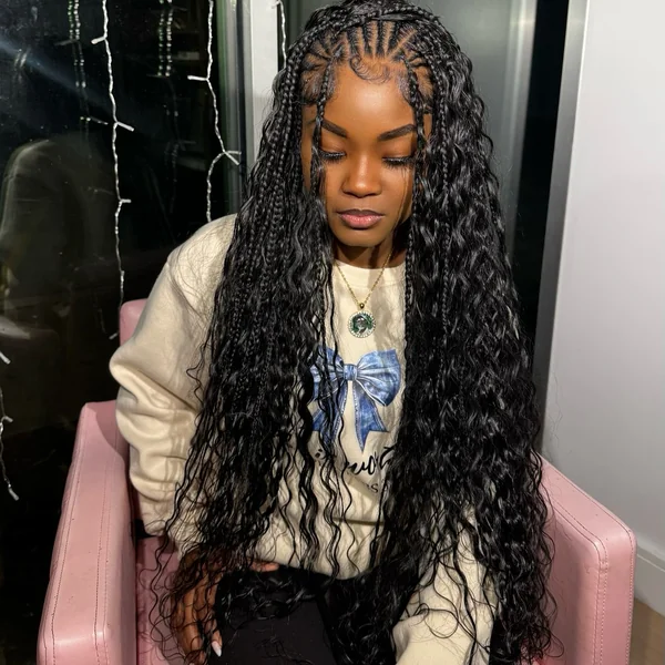 Box Braids with Long Curly Quick Weave Leave Out