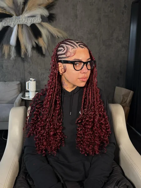 Burgundy Fulani Braids with Curly Ends and Freestyle Design