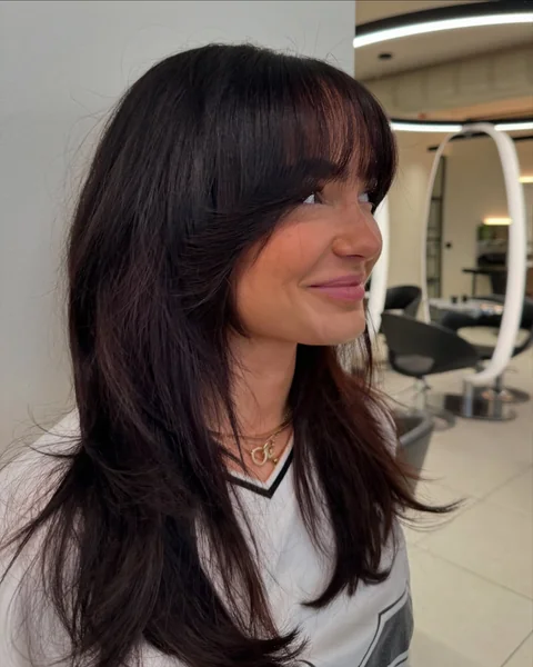 Long Dark Hair with Wispy Curtain Bangs, Side Profile