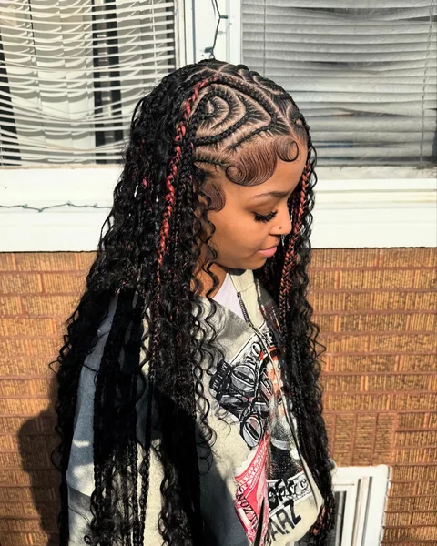 Unique Knotless Braids with Swirl Cornrow Pattern and Red Highlights