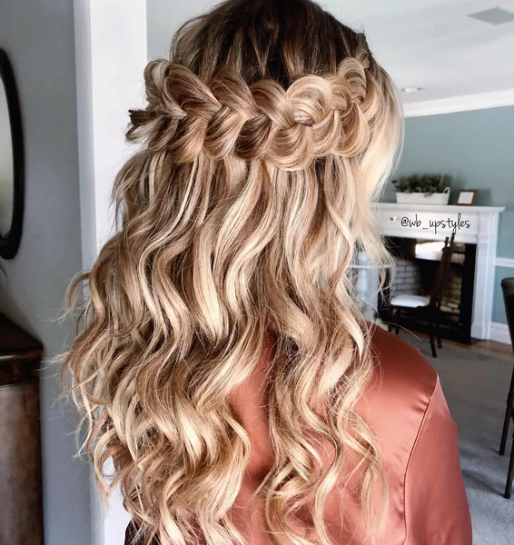 Dutch Crown Braid Half-Up with Wavy Curls