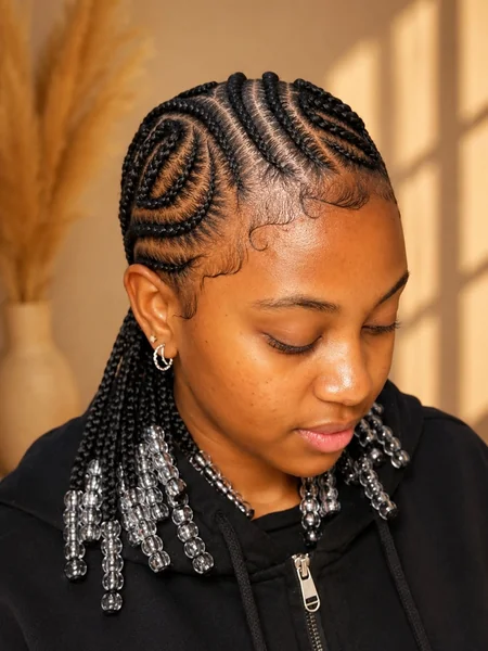 Cornrow Swirl Pattern with Clear Beads