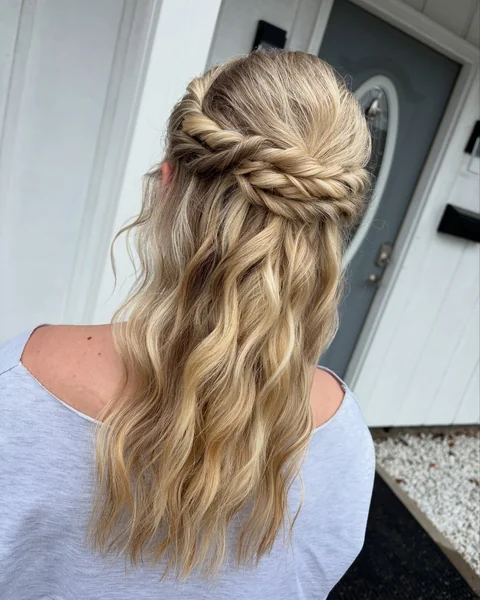 Rope Twist Bun Half Up on Blonde Wavy Hair