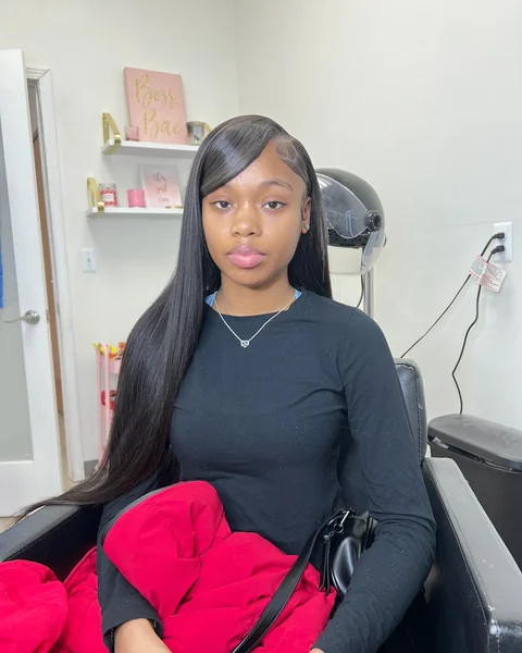 Long Straight Quick Weave with Side-Swept Bang