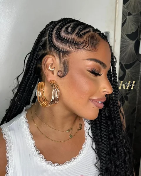 Fulani Braids with Curly Ends and Gold Accessories