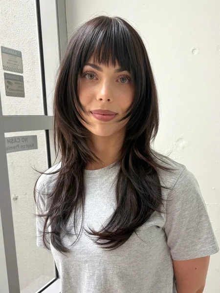 Long Dark Layered Hair with Full Front Bangs