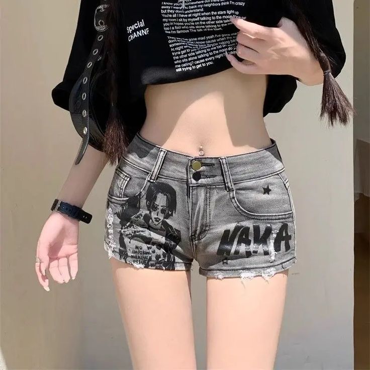Remotenasa senior jeans Female Short Jeans Pants Graphic Casual With Waist  Pocket Women's Denim Shorts Fashion Clothing 2025 New In Korean Style Trend  Pants Gray Shorts-XS