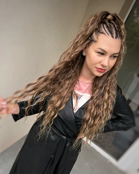Side Cornrows with Long Caramel Boho Curly Weave