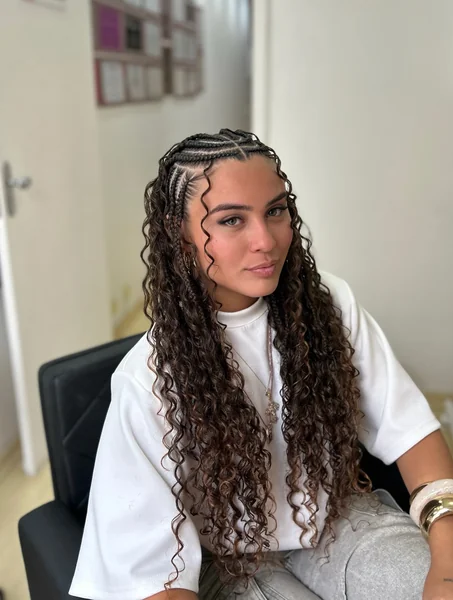 Fulani Braids with Brown Boho Curls and Half-Up Style