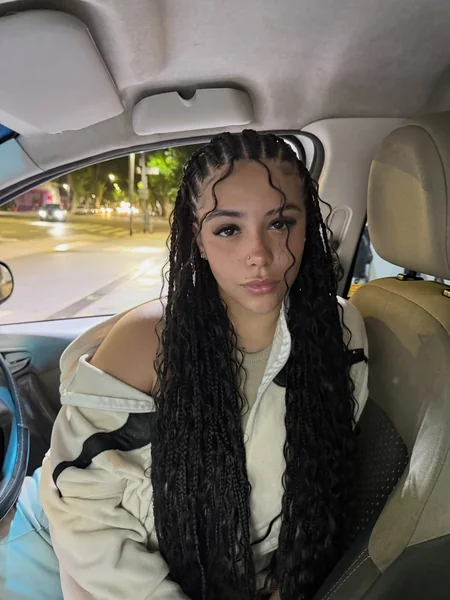 Long Knotless Braids with Curly Ends Car Selfie