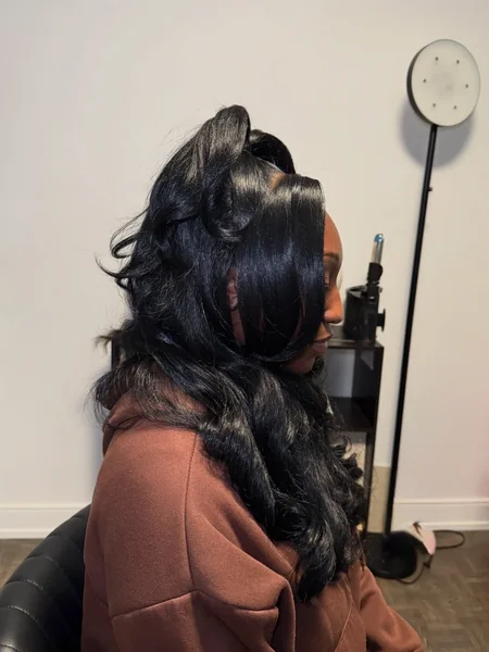 Black Wig Half Up Bun with Wavy Ends