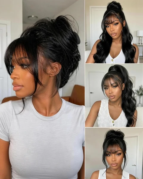 High Bun with Bangs — 4-Style Collage